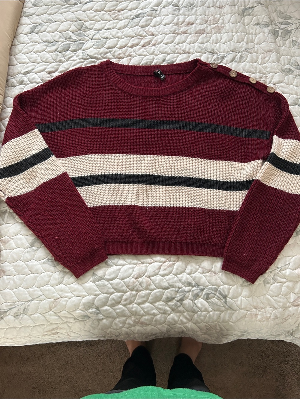 Crewneck Burgundy Striped Button-Shoulder Sweater
